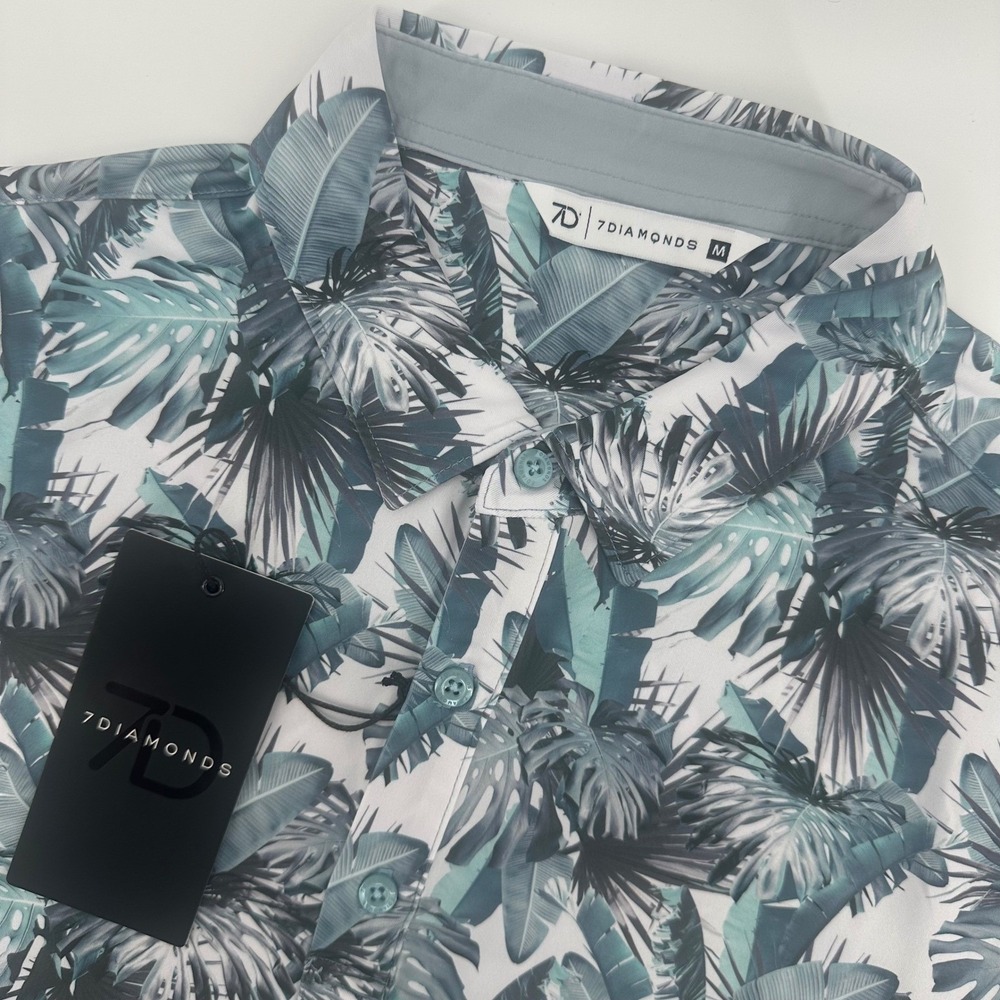 7 Diamonds Somers Polo Mens Medium Blue Tropical Palm Leaf 4-Way Stretch NWT